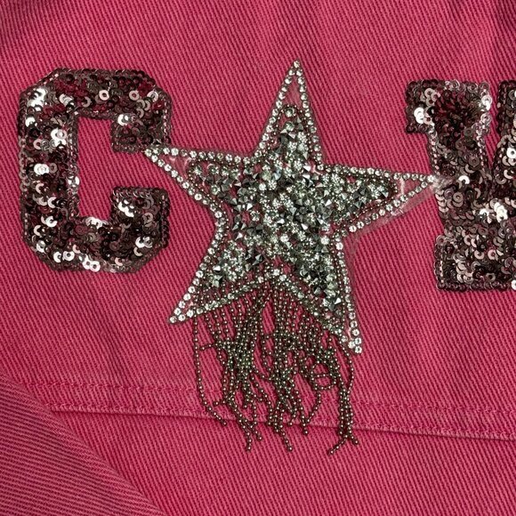 Fantastic Fawn Med Pink Denim Cowgirl Sequin Button Down‎ Raw Hem Barbie Jacket - Picture 10 of 12